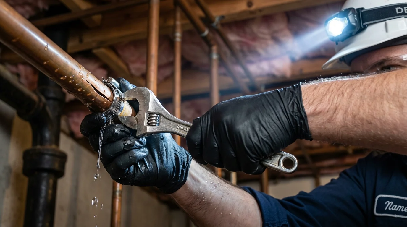 Emergency pipe clamp repair being performed by a Johns Plumbing LLC plumber in Paradise