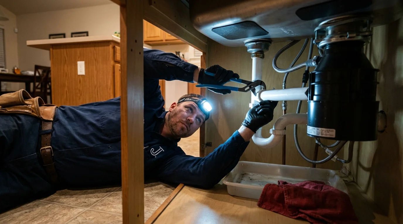 P-trap and supply line connections under a kitchen sink showing a common leak point in Paradise, PA